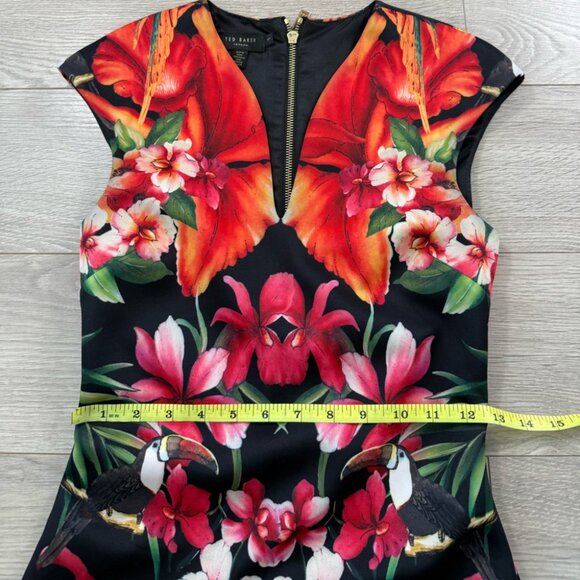 TED BAKER Bismii Toucan Print Multicolor Tropical Black Bodycon Midi Dress - Picture 12 of 14